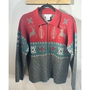 Robert Scott Vintage 100% Lambswool Reindeer Fair Isle Zip Cardigan Sweater